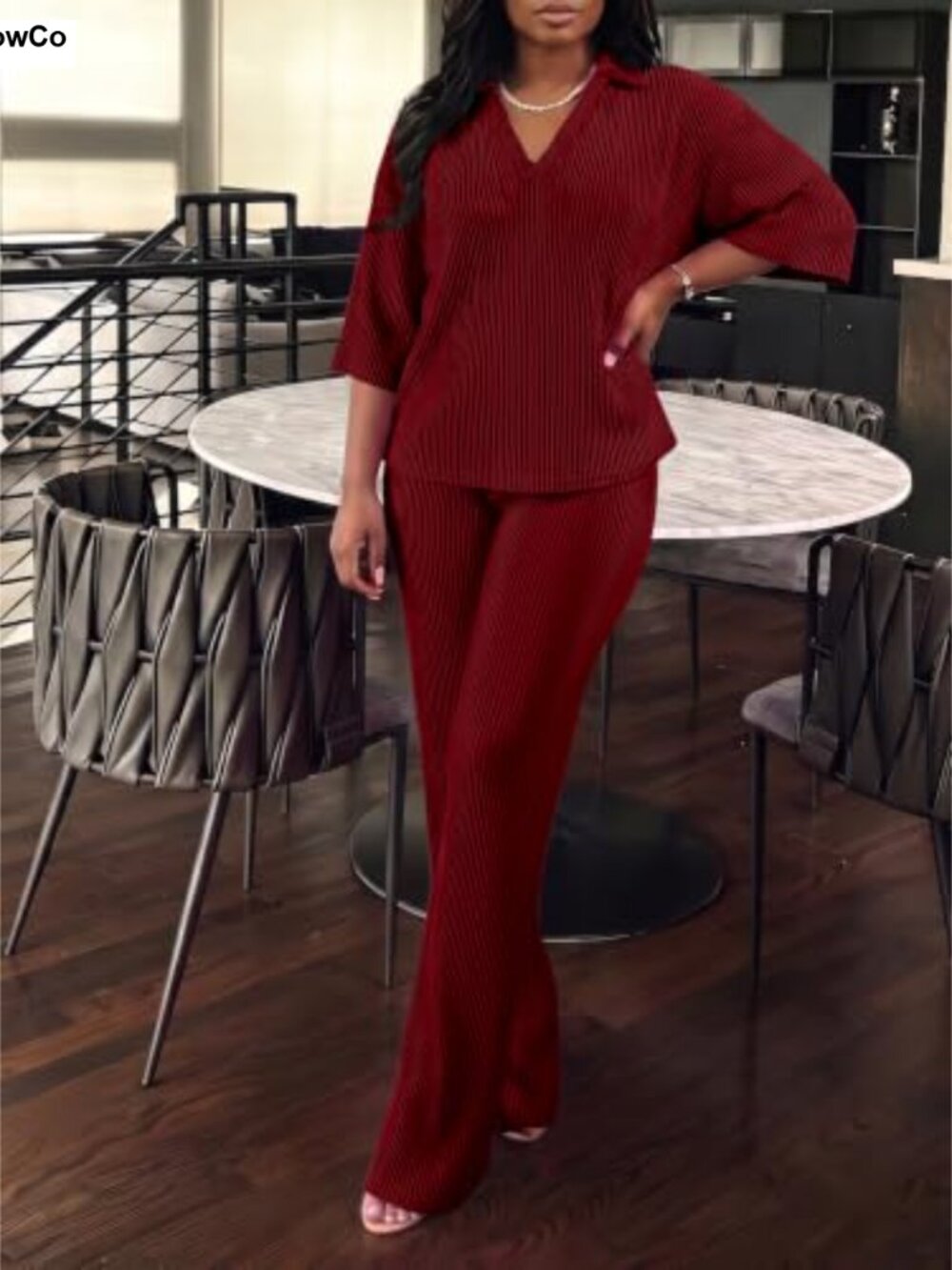 Ribbed Lounge Set Collared Batwing Top Wide Leg Pants 2 Piece - Picture 3 of 4